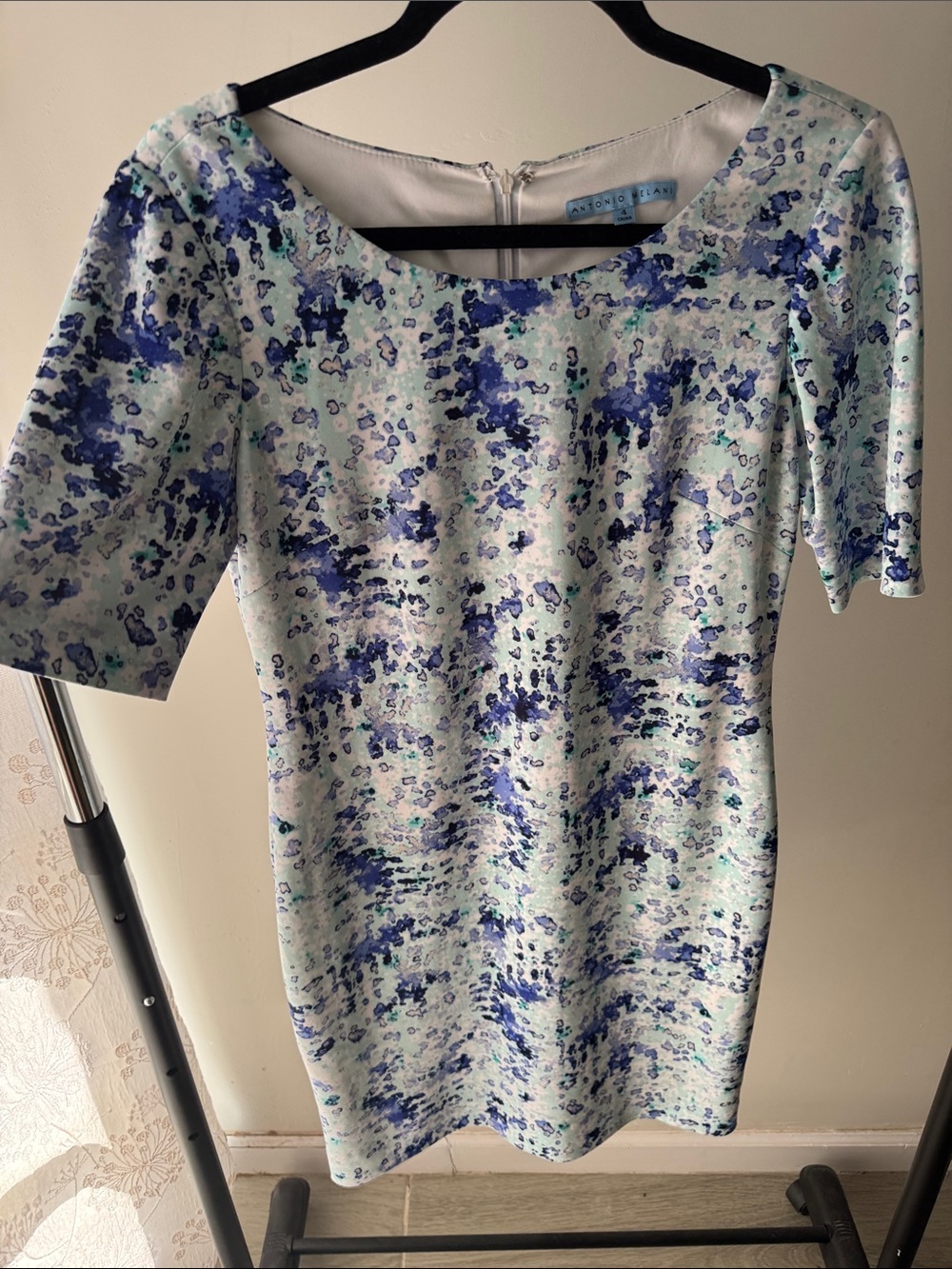 ANTONIO MELANI Blue and White Abstract Print Mini Dress
